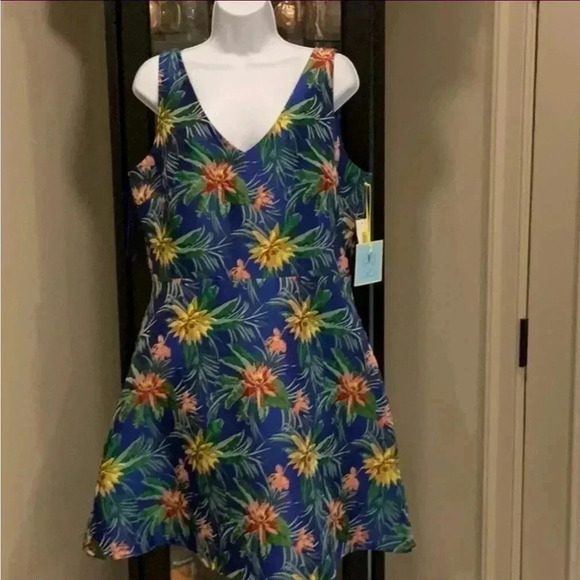 CECE BLUE HAVANA FIESTA TROPIC NIGHT V neck dress SIZE 14 - Picture 1 of 7
